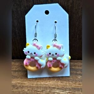 NWT Kawaii Cat With Donut Earrings Pierced White Cat Cat Lady Dangle Drop